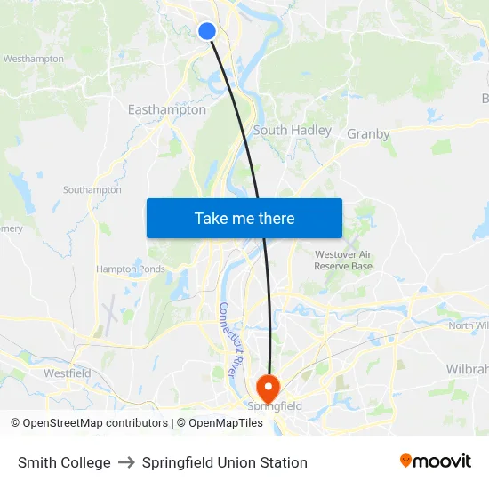Smith College to Springfield Union Station map