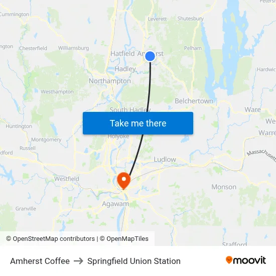 Amherst Coffee to Springfield Union Station map