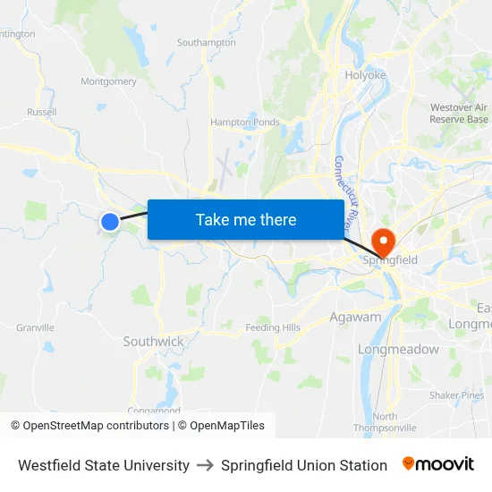 Westfield State University to Springfield Union Station map