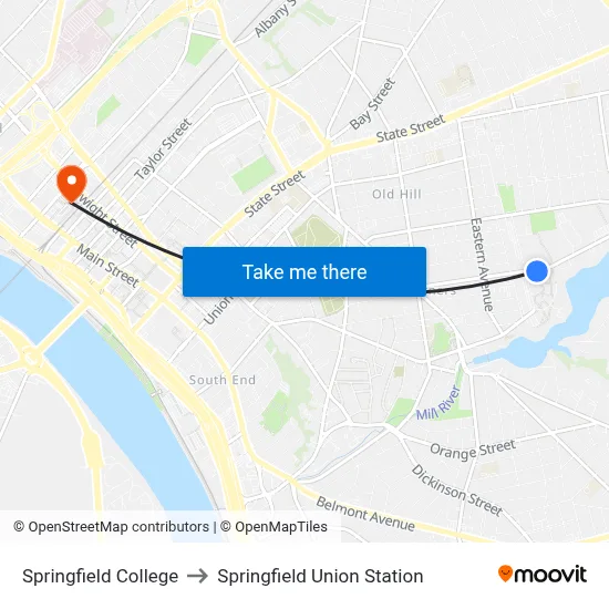 Springfield College to Springfield Union Station map