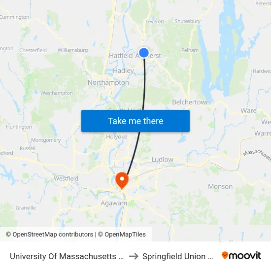 University Of Massachusetts Amherst to Springfield Union Station map