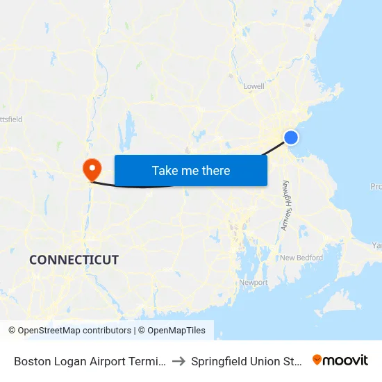 Boston Logan Airport Terminal C to Springfield Union Station map