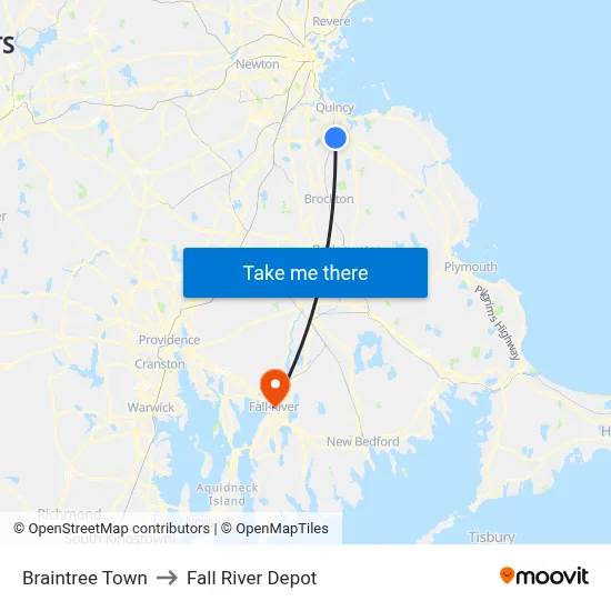 Braintree Town to Fall River Depot map