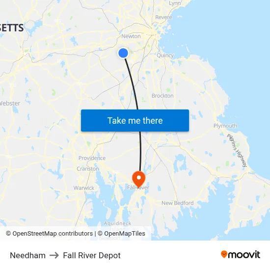 Needham to Fall River Depot map