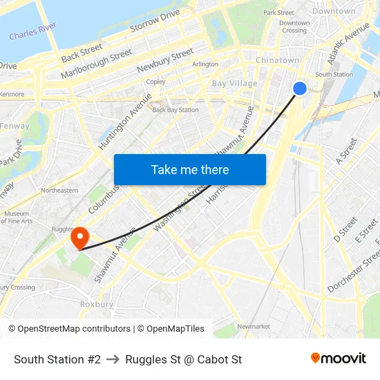 South Station #2 to Ruggles St @ Cabot St map