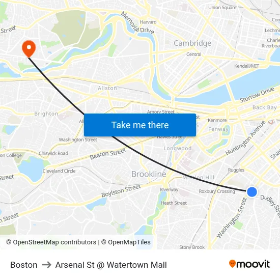 Boston to Arsenal St @ Watertown Mall map