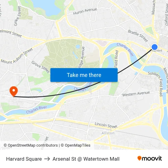 Harvard Square to Arsenal St @ Watertown Mall map
