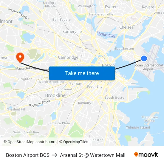 Boston Airport BOS to Arsenal St @ Watertown Mall map