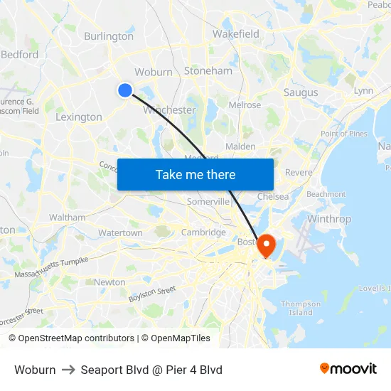 Woburn to Seaport Blvd @ Pier 4 Blvd map