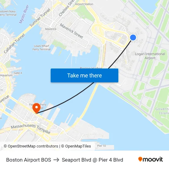 Boston Airport BOS to Seaport Blvd @ Pier 4 Blvd map