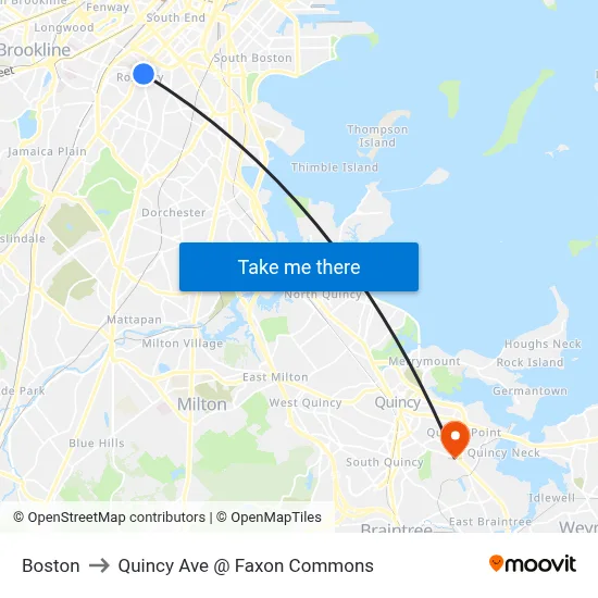 Boston to Quincy Ave @ Faxon Commons map