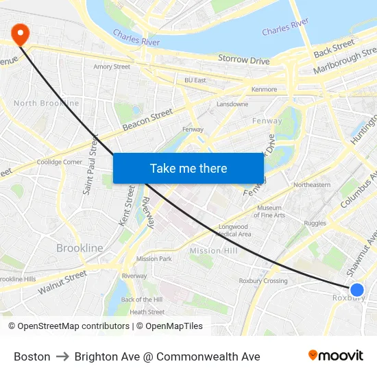 Boston to Brighton Ave @ Commonwealth Ave map