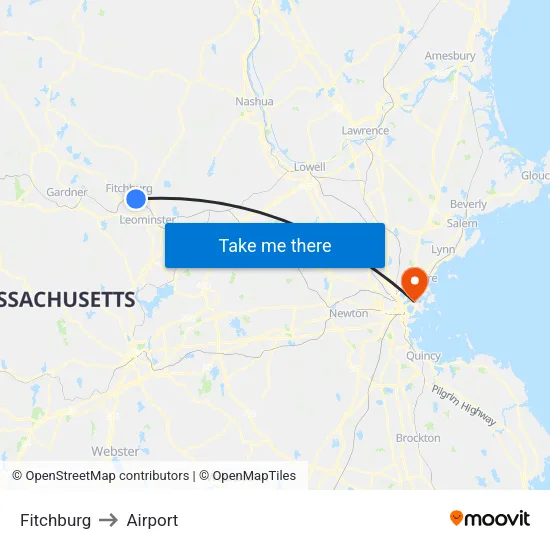 Fitchburg to Airport map
