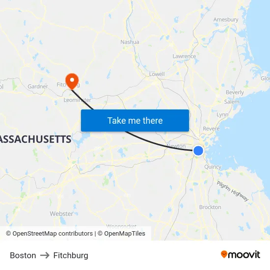 Boston to Fitchburg map