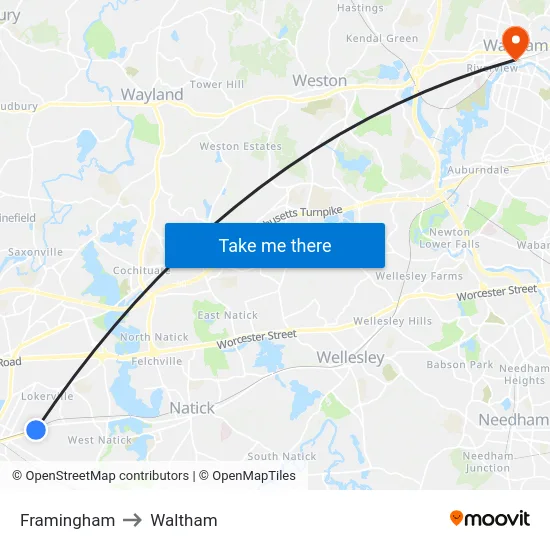 Framingham to Waltham map