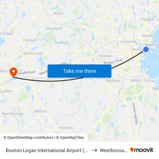 Boston Logan International Airport (Bos) to Westborough map