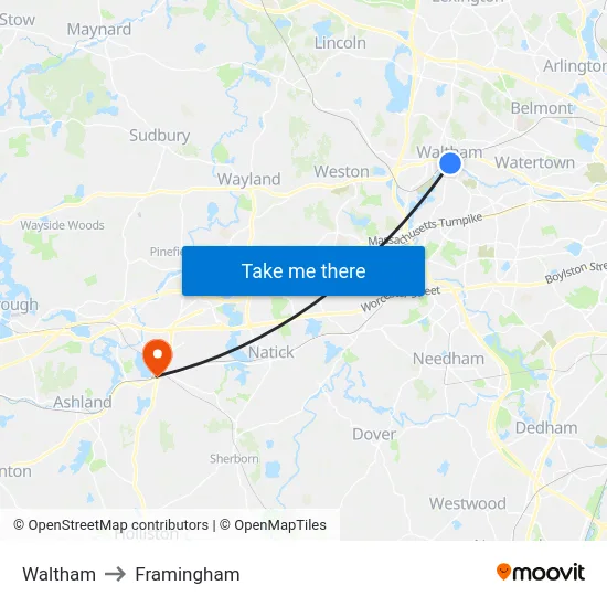 Waltham to Framingham map