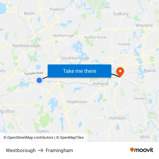 Westborough to Framingham map