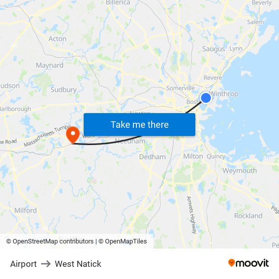 Airport to West Natick map