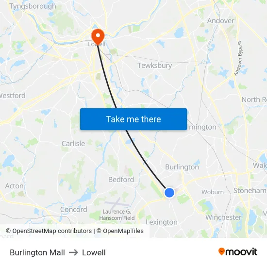 Burlington Mall to Lowell map
