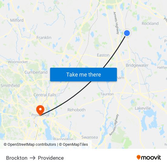 Brockton to Providence map