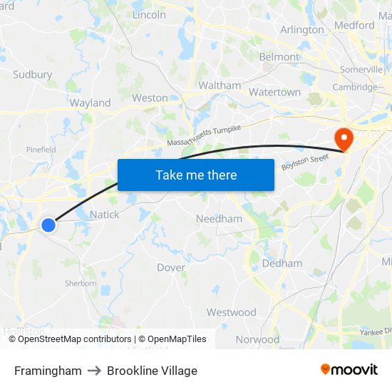 Framingham to Brookline Village map