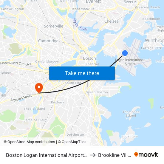 Boston Logan International Airport (Bos) to Brookline Village map