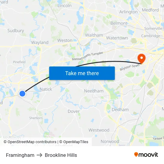Framingham to Brookline Hills map