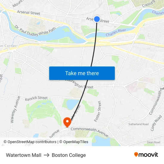 Watertown Mall to Boston College map