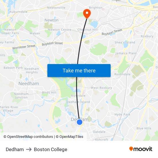 Dedham to Boston College map