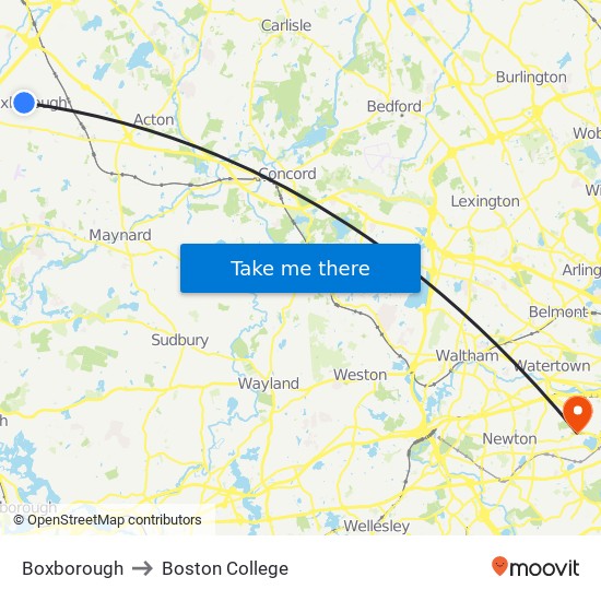 Boxborough to Boston College map