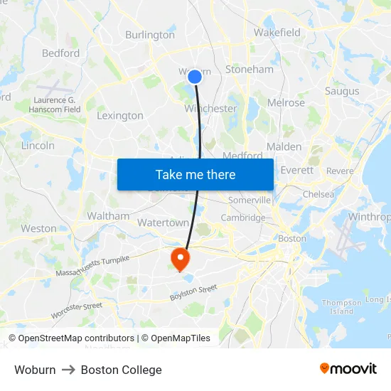 Woburn to Boston College map
