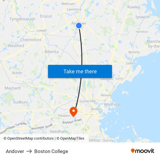 Andover to Boston College map