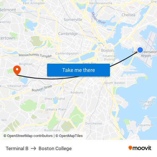 Terminal B to Boston College map