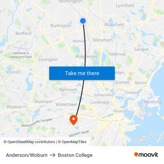 Anderson/Woburn to Boston College map