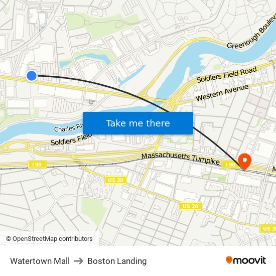 Watertown Mall to Boston Landing map