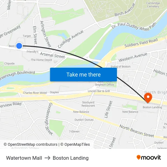 Watertown Mall to Boston Landing map