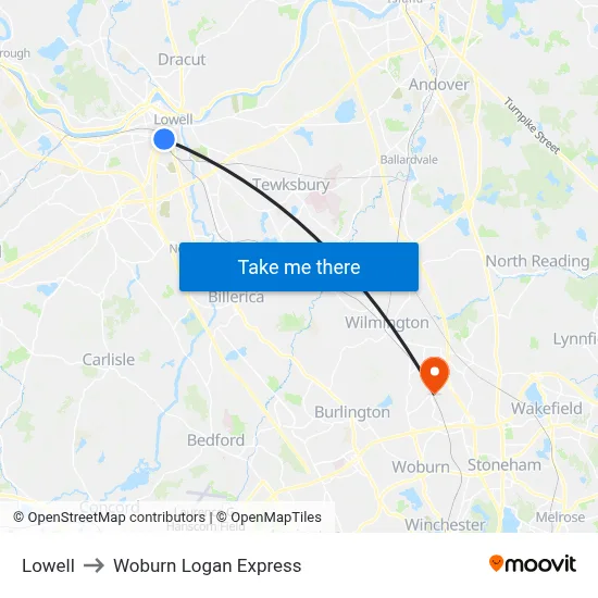 Lowell to Woburn Logan Express map