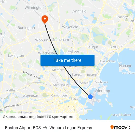 Boston Airport BOS to Woburn Logan Express map