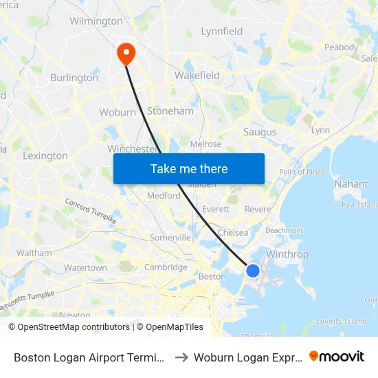 Boston Logan Airport Terminal C to Woburn Logan Express map