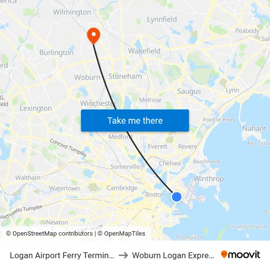 Logan Airport Ferry Terminal to Woburn Logan Express map