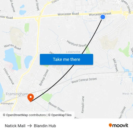Natick Mall to Blandin Hub map