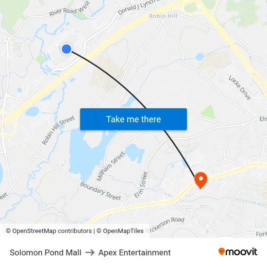 Solomon Pond Mall to Apex Entertainment map