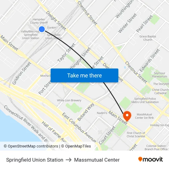 Springfield Union Station to Massmutual Center map
