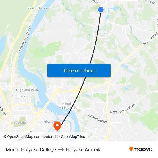 Mount Holyoke College to Holyoke Amtrak map