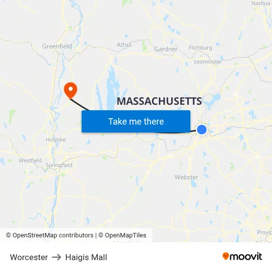 Worcester to Haigis Mall map