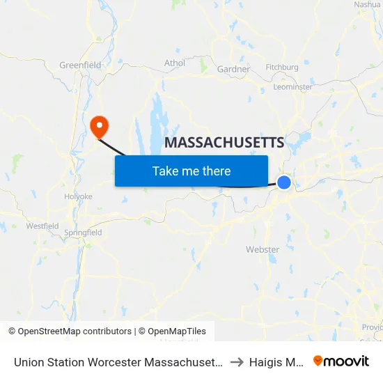 Union Station Worcester Massachusetts to Haigis Mall map