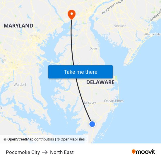 Pocomoke City to North East map