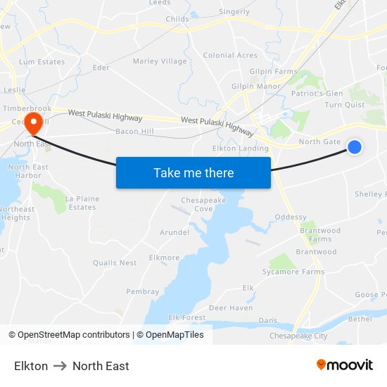 Elkton to North East map