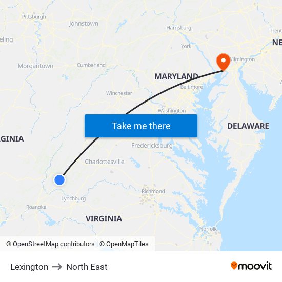 Lexington to North East map